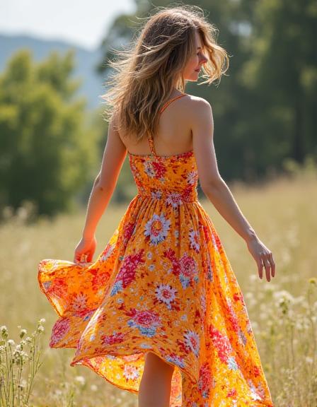 A woman in a vibrant floral dress moving gracefully, capturing the essence of spring and lively seasonal fashion.
