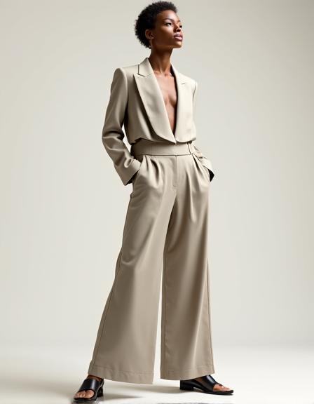A model elegantly posing in a sleek, neutral-toned minimalist outfit, showcasing clean lines and sophisticated simplicity.